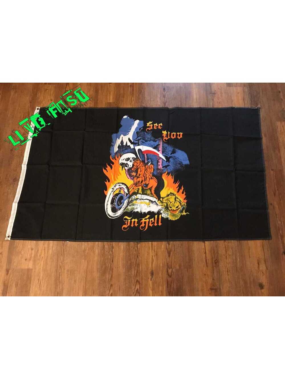 Vintage Chopper Motorcycle Flag See You In Hell Grim Reaper